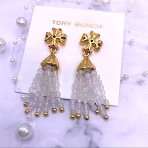 NWOT  Tory Burch Gold Roxanne, White Beaded Dangle Stud Earings